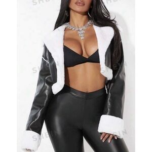 SHEIN Crop Fur Lined PU Leather Jacket